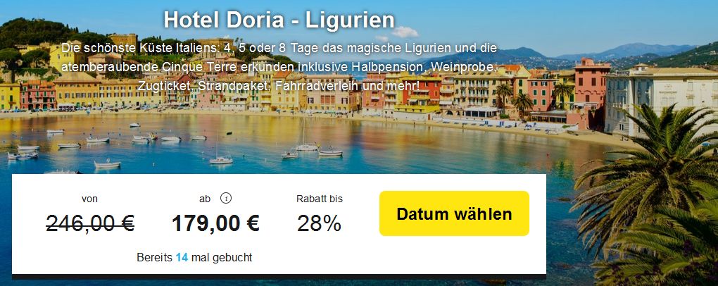 4, 5 oder 8 Tage Hotel Doria in Ligurien mit HP für 179 Euro